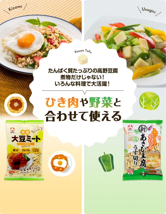 たんぱく質たっぷりの高野豆腐 煮物だけじゃない! いろんな料理で大活躍! ひき肉や野菜と合わせて使える 元祖大豆ミート こうや豆腐 きざみタイプ 50g・新あさひ豆腐 うす切り