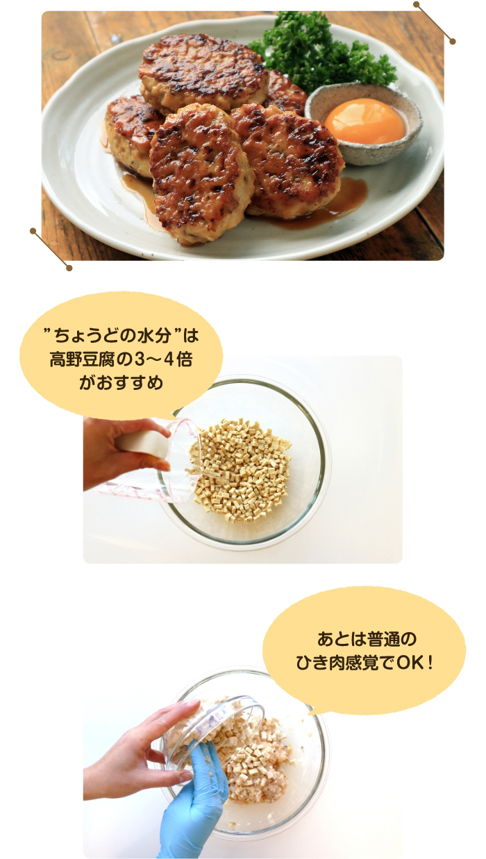 “ちょうどの水分”は高野豆腐の3～4倍がおすすめ あとは普通のひき肉感覚でOK!