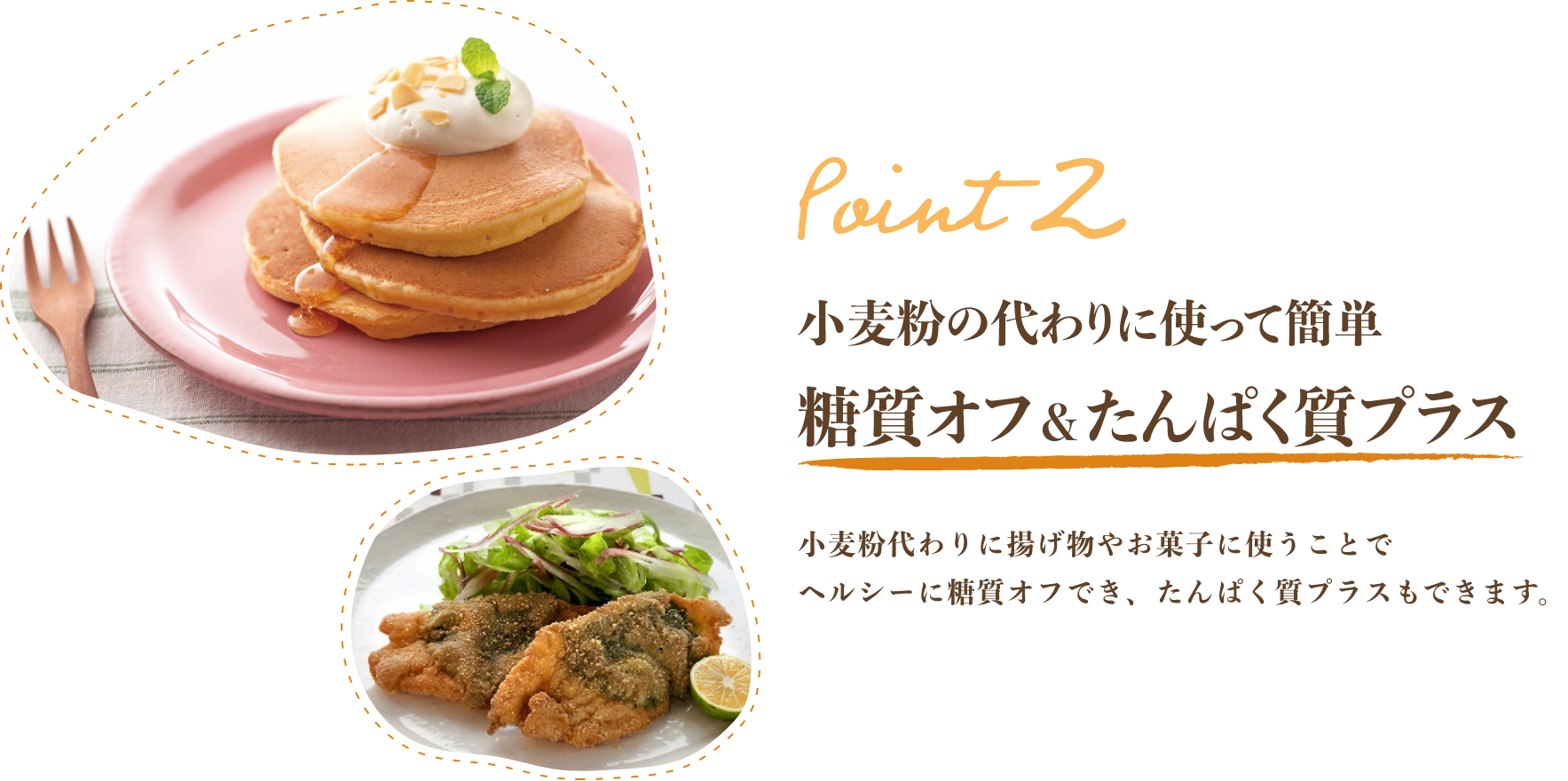 Point2 小麦粉ぼ代わりに使って簡単糖質オフ&たんぱく質プラス 小麦粉代わりに揚げ物やお菓子に使うことでヘルシーに糖質オフでき、たんぱく質もプラスできます。